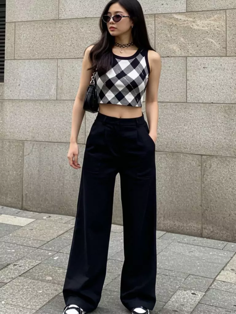 Argyle Print Top & Wide-Leg Pants