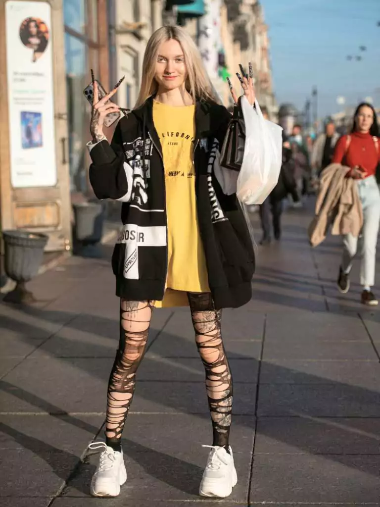 Oversized Graphic Tee + Mini Skirt + Fishnet Tights