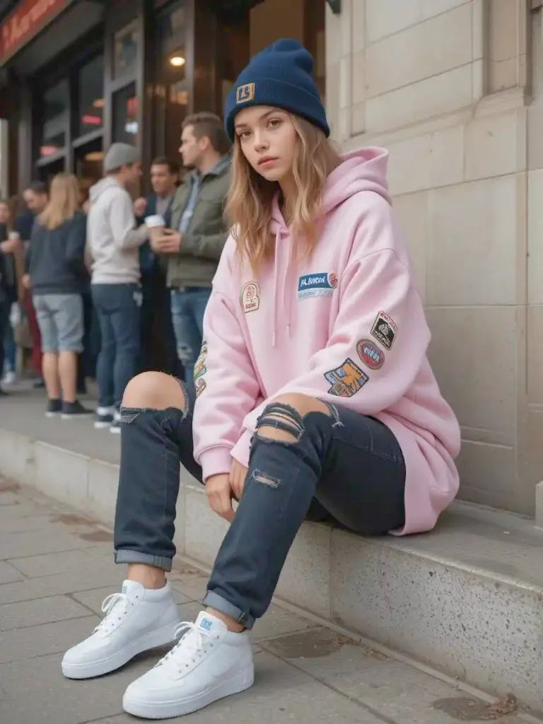 4. Casual Cool: Pink Oversized Hoodie, Black Ripped Jeans, White Sneakers