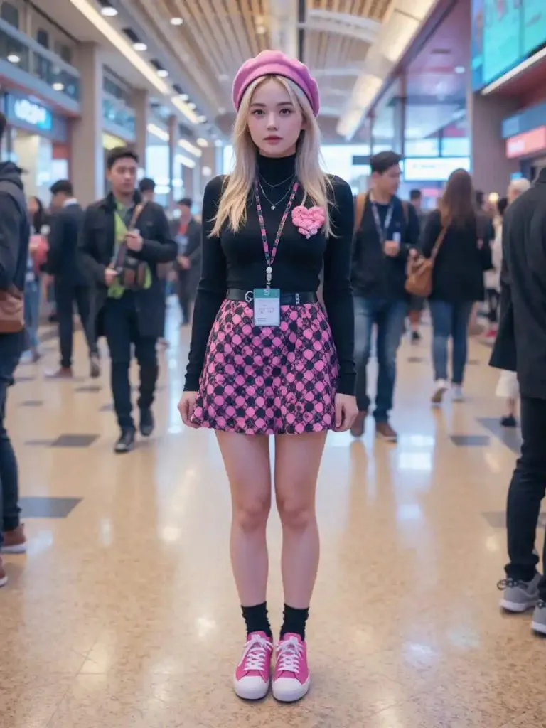 6. Pattern Play: Pink and Black Checkered Skirt, Black Turtleneck, Pink Sneakers