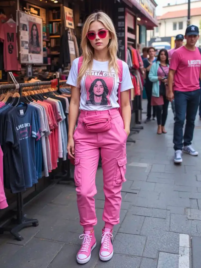7. Monochrome Magic: All-Pink Cargo Pants, Pink Graphic Tee, Pink and White High-Tops