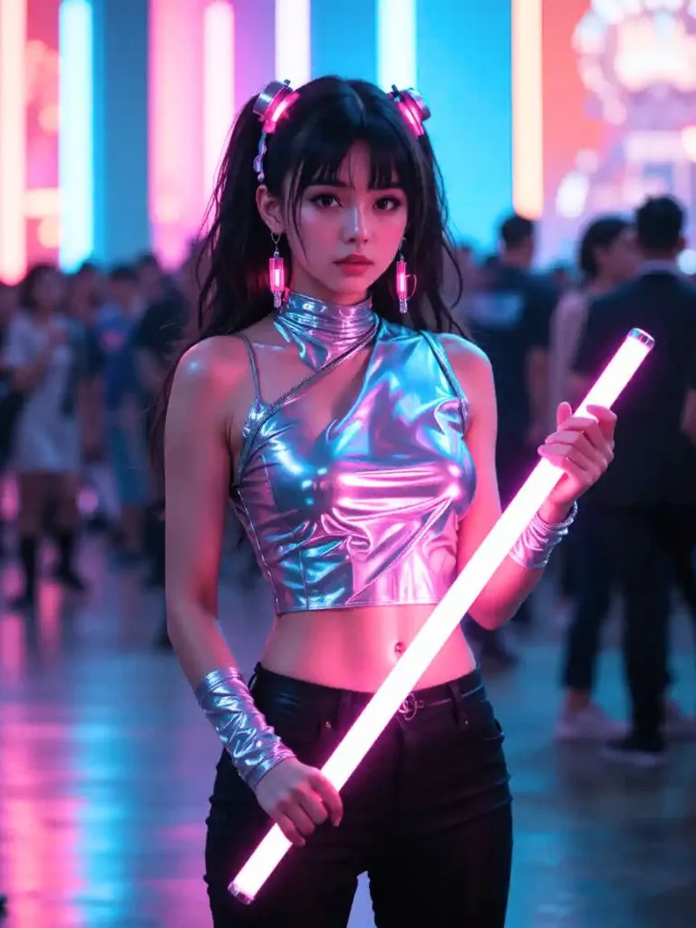 9. Futuristic Flair: Silver Metallic Top, Black Pants, Neon Pink Accents