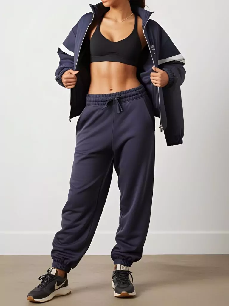 Baggy Sweatpants + Sports Bra + Zip-Up Jacket