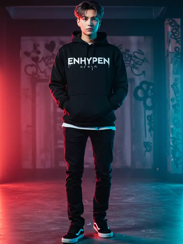 Black Hoodie with Enhypen’s Logo, Black Jeans, White Sneakers