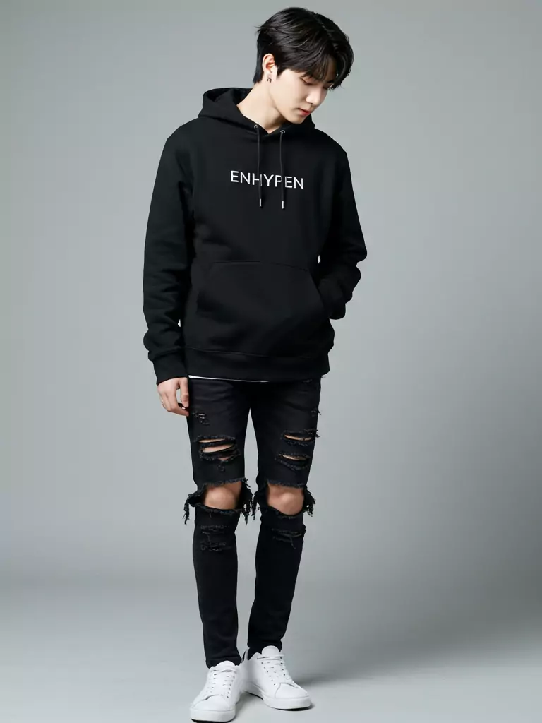 Black Ripped Jeans, Black Hoodie, White Sneakers