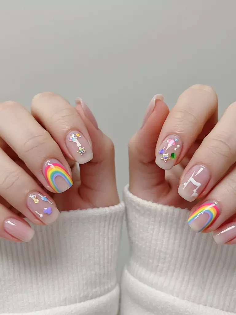 Bright and Colorful Nail Art with Rainbows or Pastels for Haechan