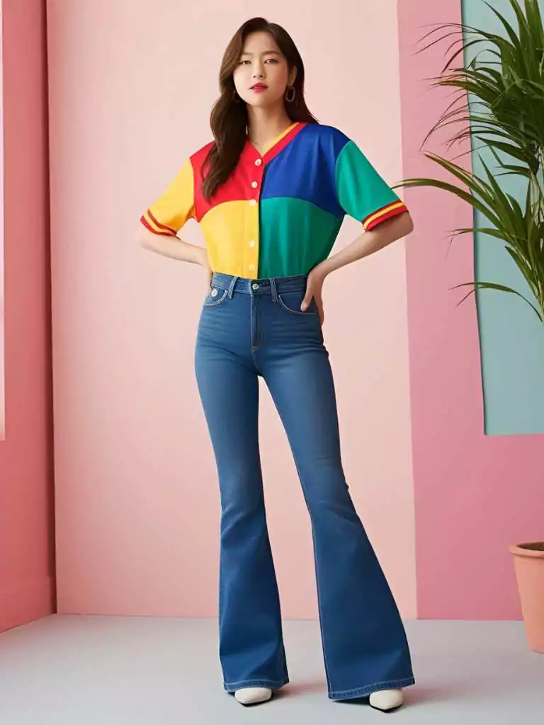 Color Block Jersey + Flared Jeans = Vintage Idol Vibes