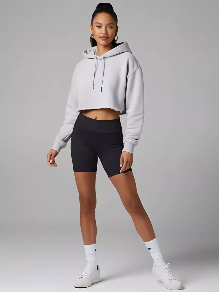 Cropped Hoodie + Bike Shorts + White Socks