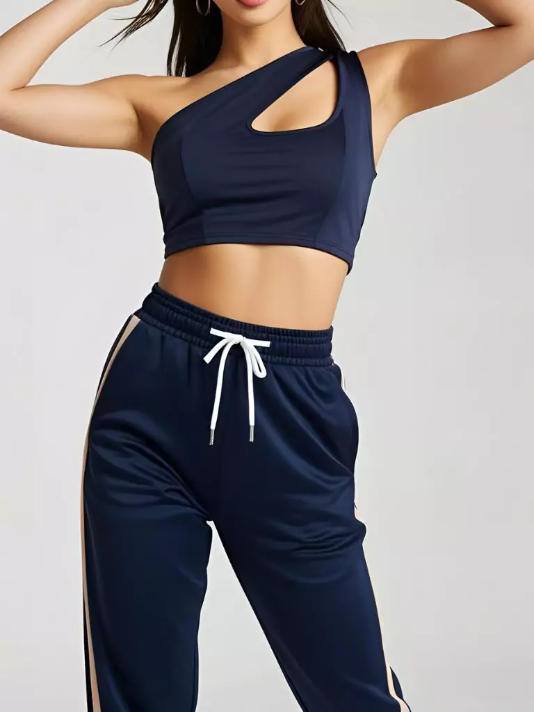 Cut-Out Shoulder Top + High-Waist Track Pants