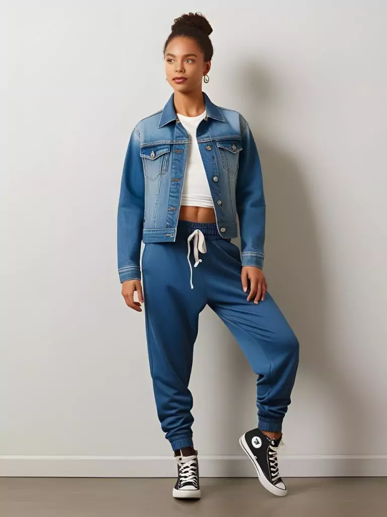 Denim Jacket + Joggers + High Top Sneakers