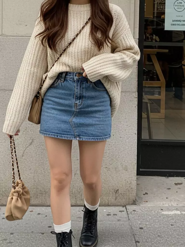 Denim Mini Skirt + Knit Sweater = Cozy & Cute Combo
