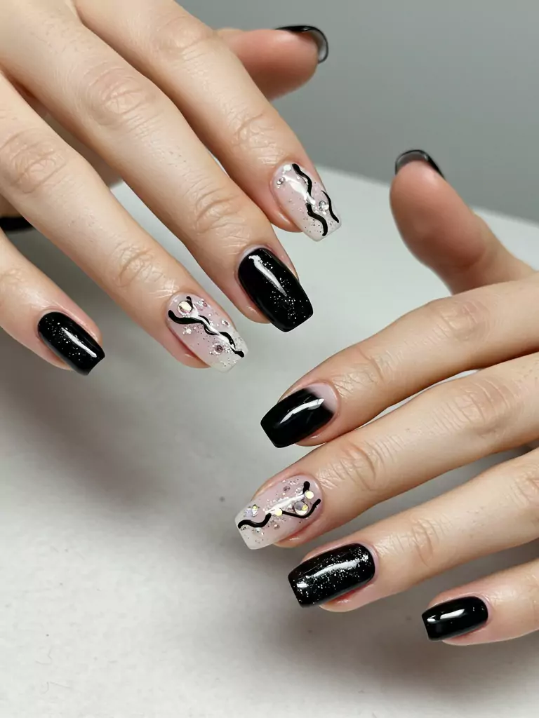 Elegant Black and White Nail Art with Glitter for Jaemin