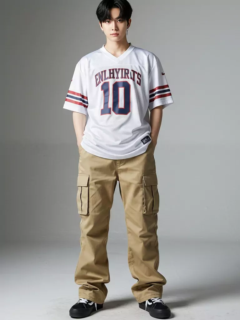 Football Practice Jersey Tee with Low Rise Baggy Twill Cargo Pants