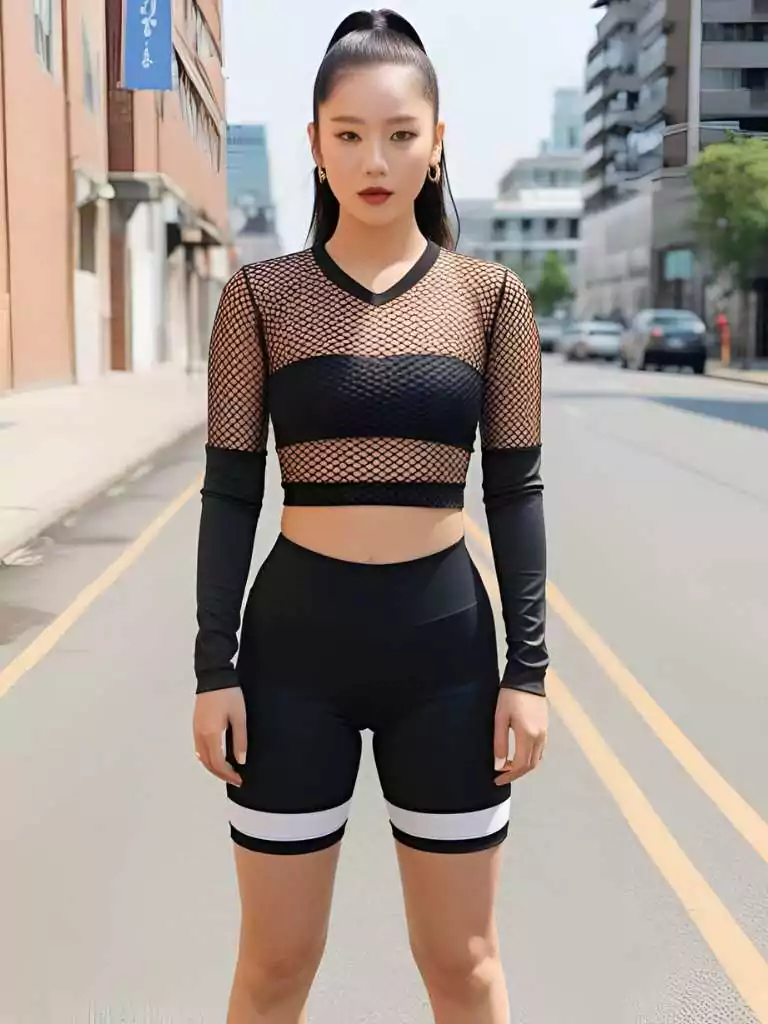 Mesh Jersey Over a Bandeau Top + Biker Shorts = Edgy Queen
