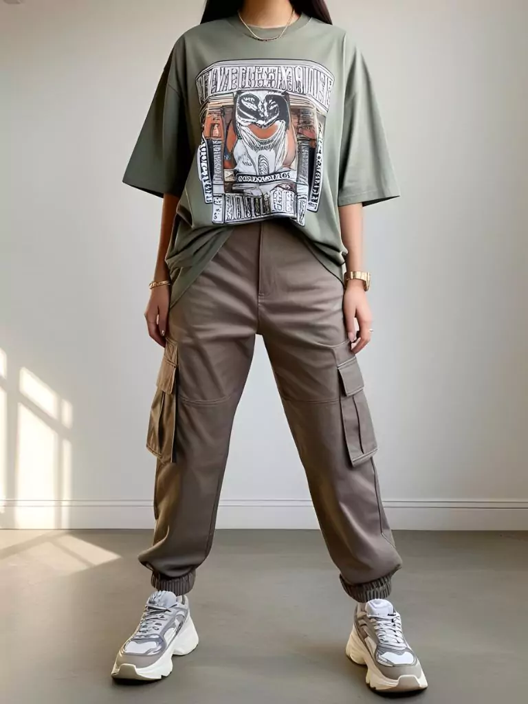 Oversized Graphic Tee + Cargo Pants + Chunky Sneakers