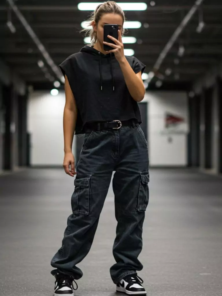 Sleeveless Hoodie + Cargo Jeans = Dance Practice Chic