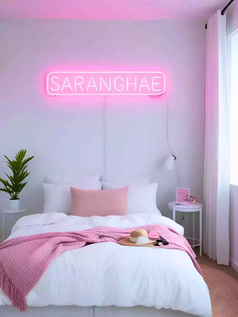 White Curtains with a Neon Sign