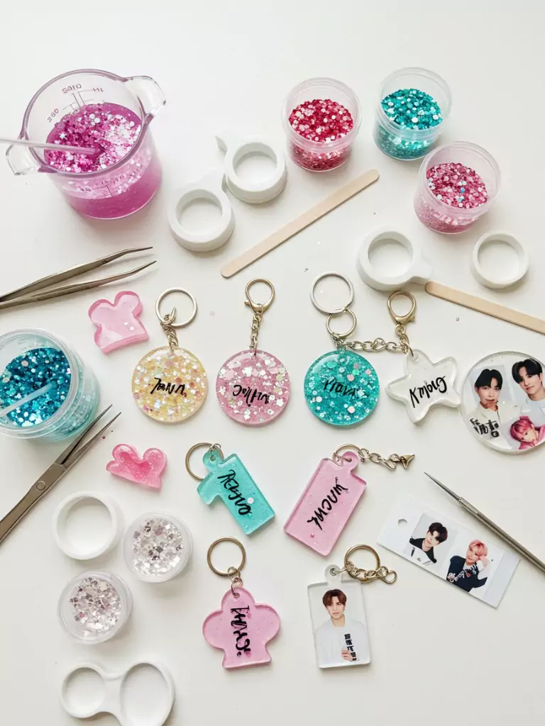 DIY Resin Keychains with Glitter and Bias Tags