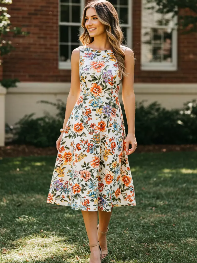 Floral-Print A-Line Midi Dress