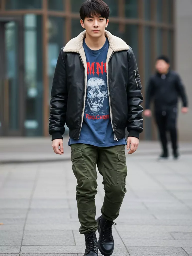 Graphic Tee + Cargo Pants + Jacket