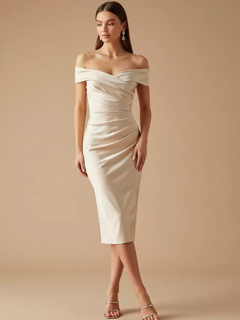 Off-Shoulder Satin Midi Dress