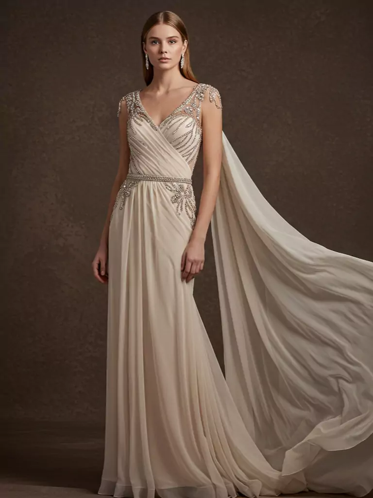 Sheer Draped Gown with Beading