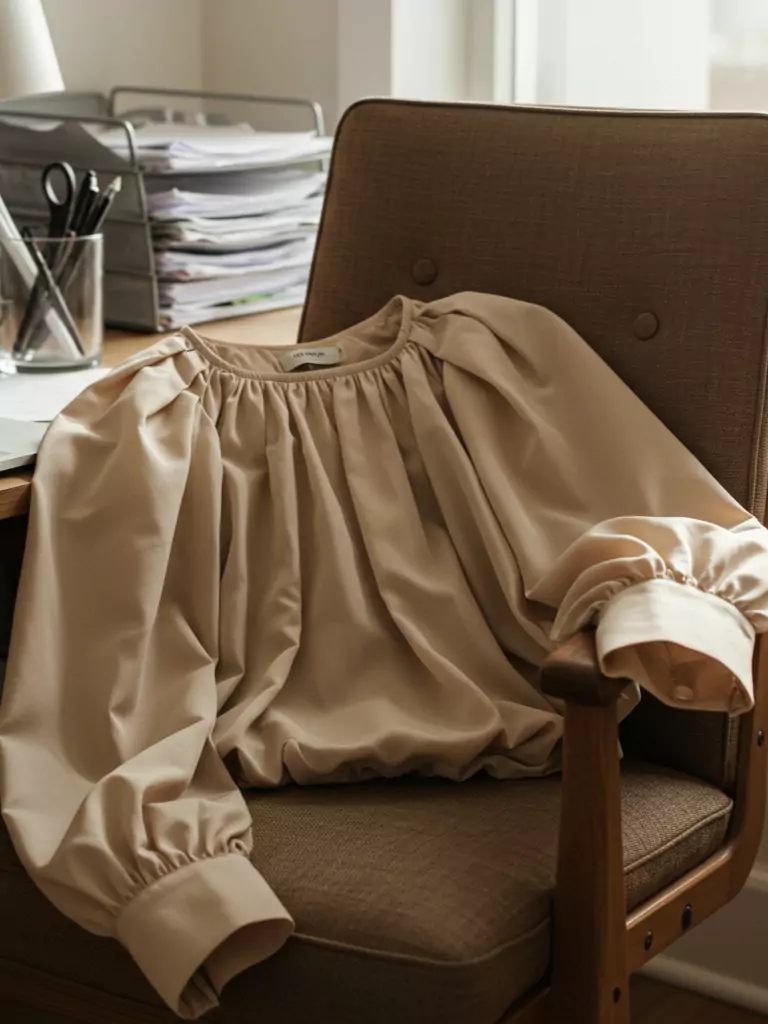 Beige Silk Blouse with Puff Sleeves