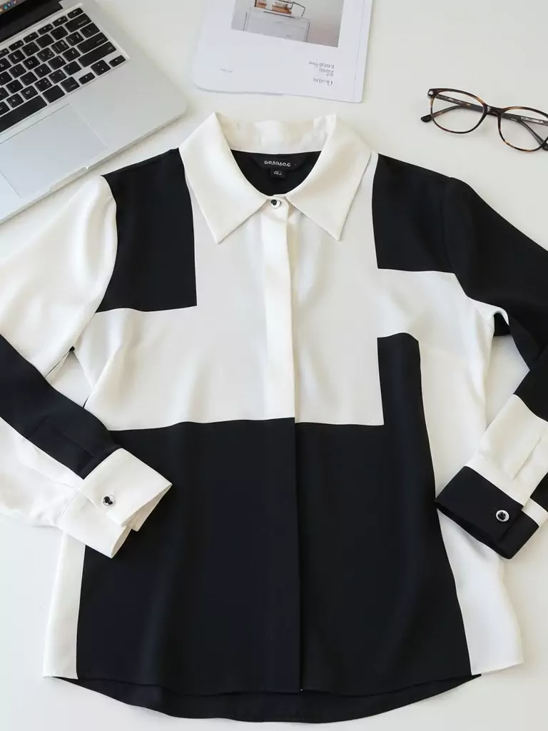 Black and White Color-Blocked Silk Blouse