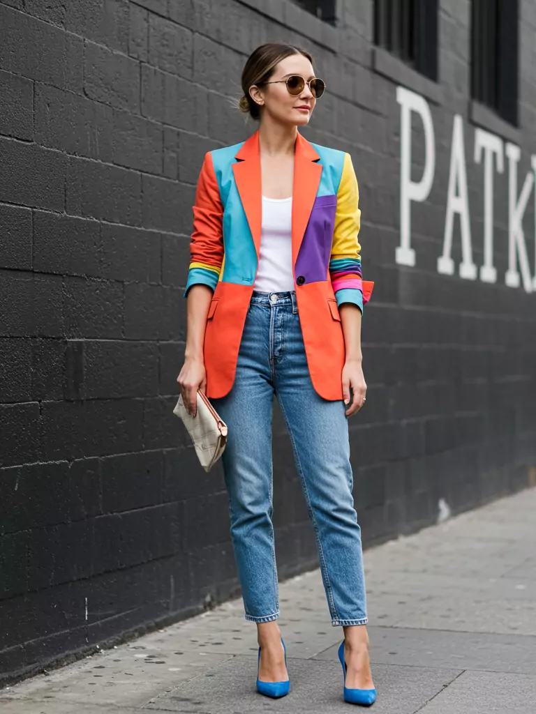 Bold-Colored Blazer with Neutral Jeans