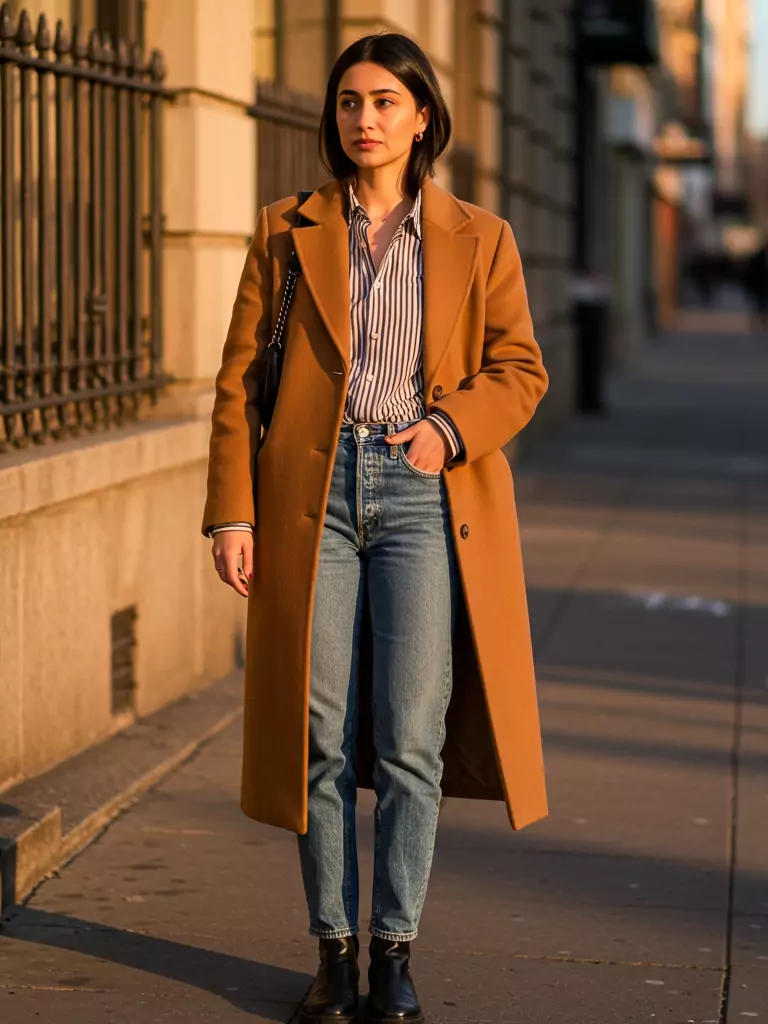 Camel Coat + Striped Shirt