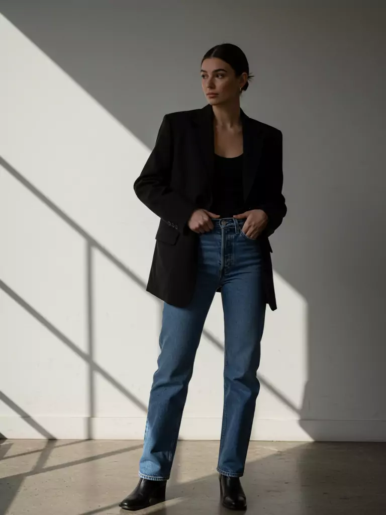 Classic Black Blazer with Straight-Leg Jeans