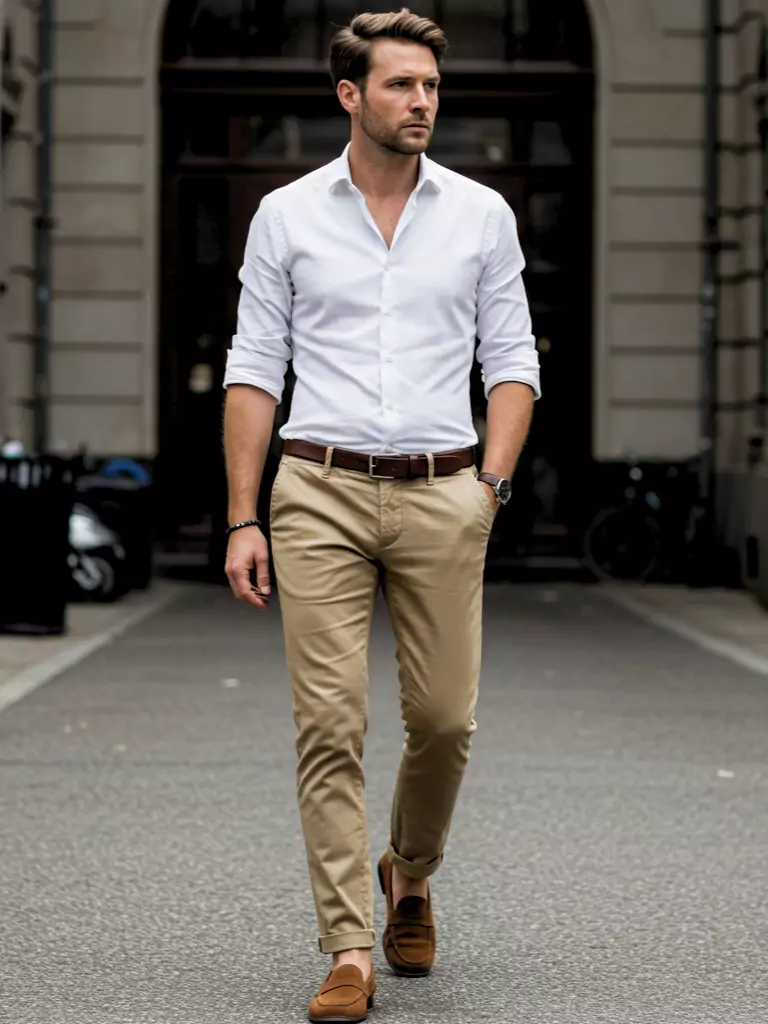 Crisp White Shirt + Chinos + Suede Loafers