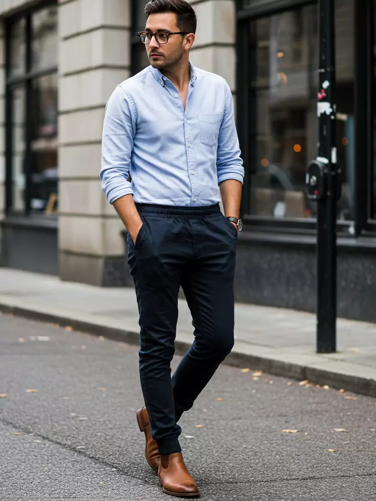 Elastic-Waist Pants + Button-Up + Chukka Boots