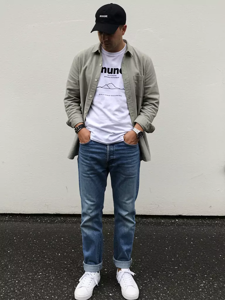Graphic Tee + Overshirt + Jeans + Cap