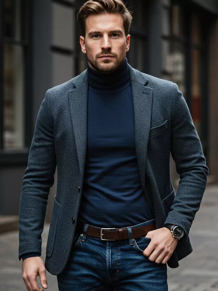 Henley or Turtleneck + Dark Denim + Blazer