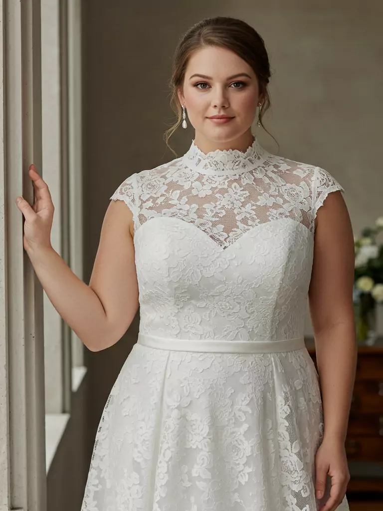 High-Neck Lace A-Line with Cap Sleeves