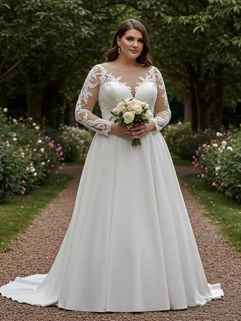 Illusion Long-Sleeve Satin A-Line