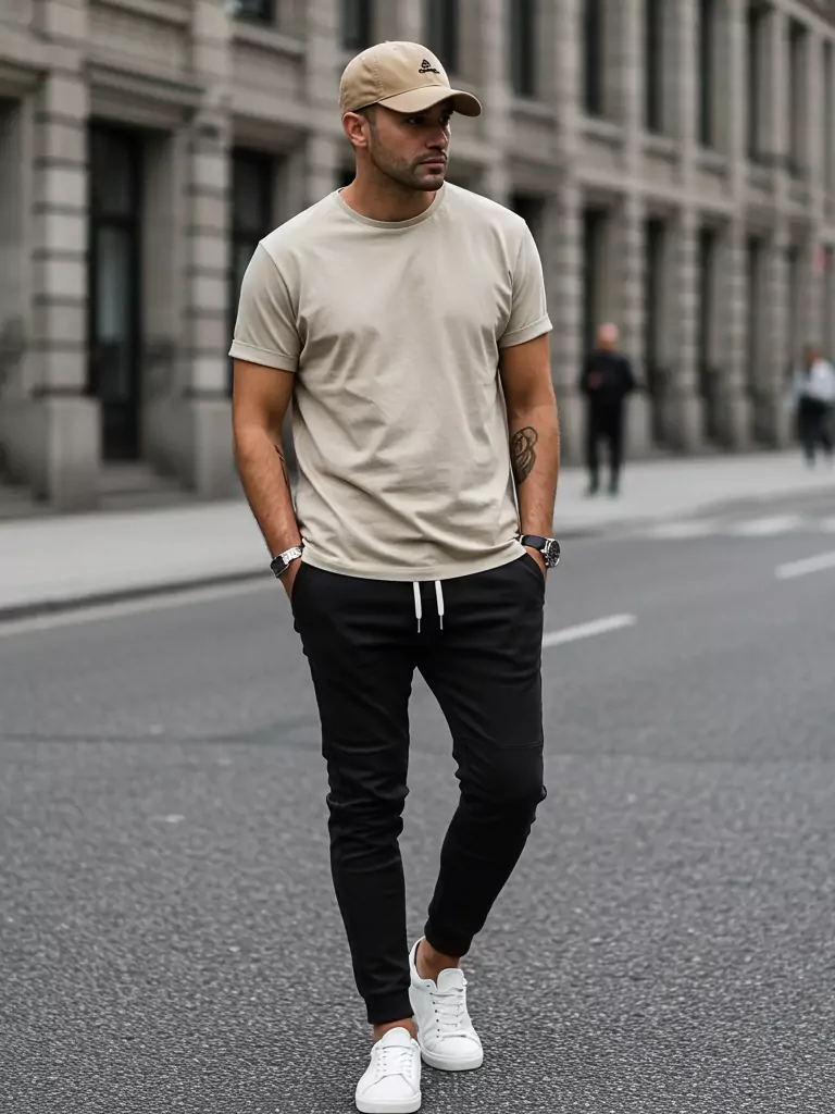 Joggers + T-Shirt + Minimalist Sneakers + Cap