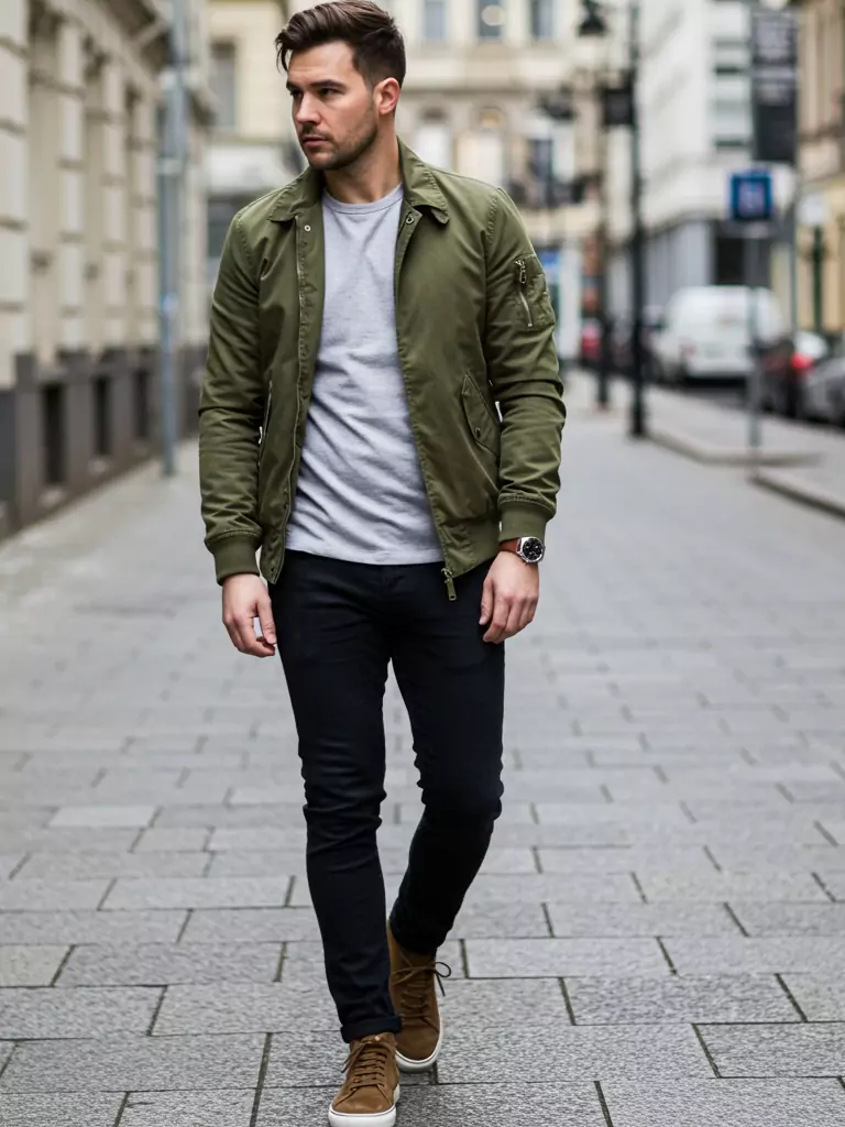 Lightweight Jacket + Tee + Dark Jeans