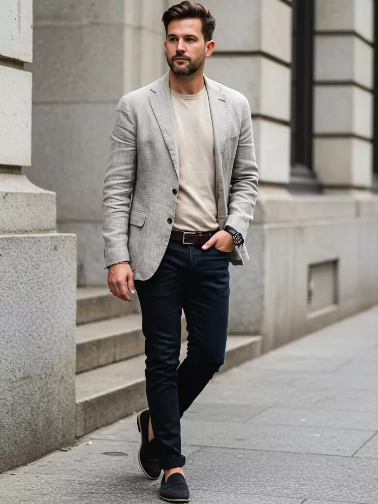 Linen Blazer + Dark Jeans + Loafers