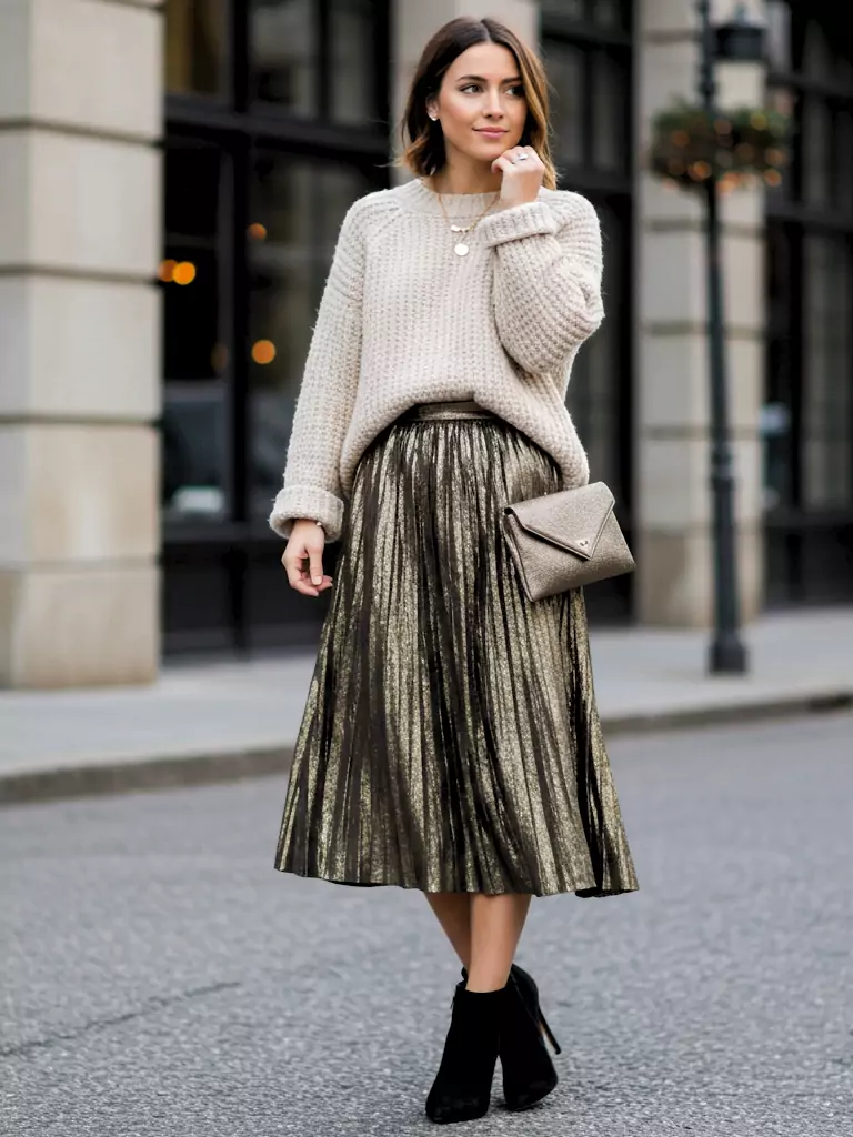 Metallic Midi Skirt + Chunky Knit Sweater
