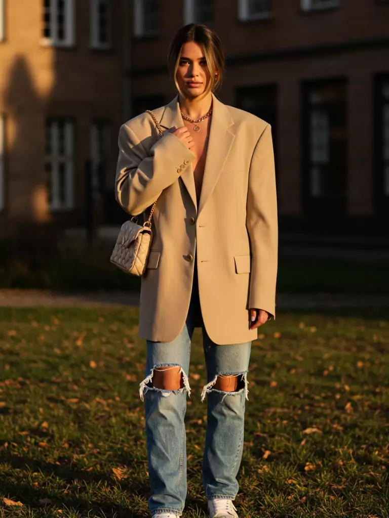 Oversized Blazer with Distressed Denim
