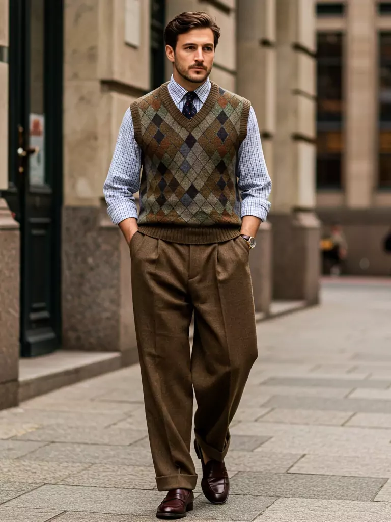 Sweater Vest + Shirt + Wide-Leg Trousers