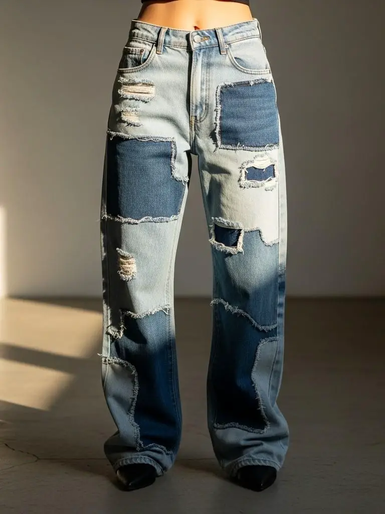 Asymmetrical Patch Denim