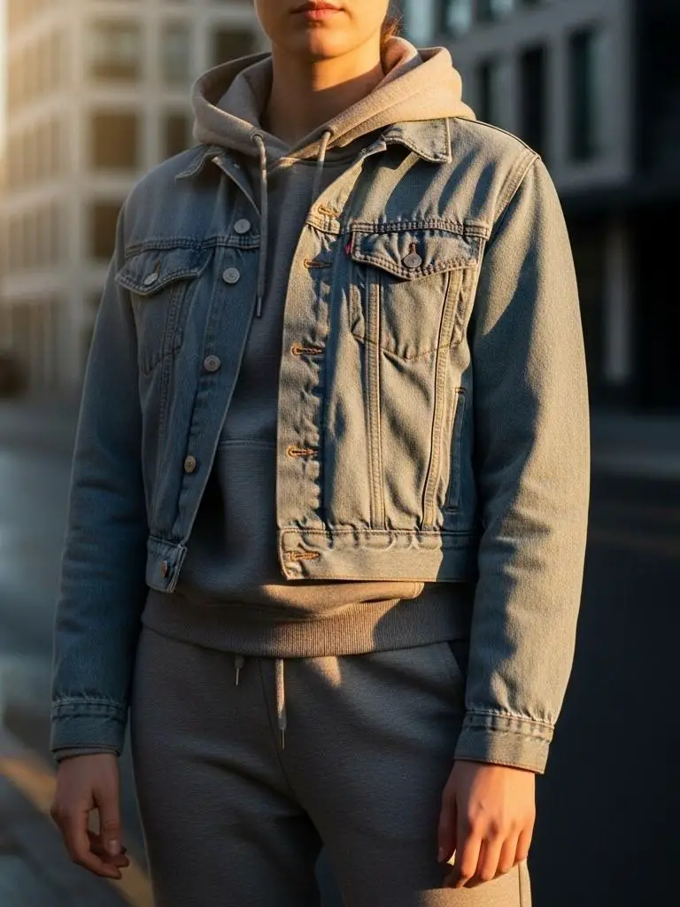 Cropped Denim Layered Over Hoodie