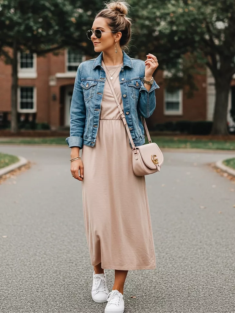Day Look Flowy Maxi Dress + Denim Jacket + White Sneakers