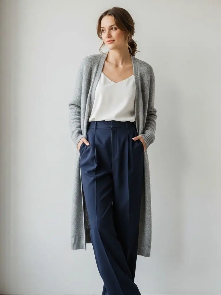 Longline Cardigan with Wide-Leg Pants