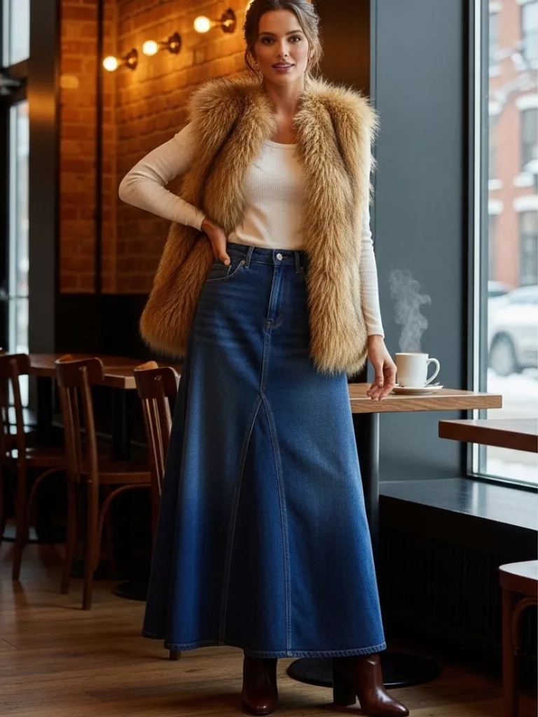 Maxi Denim Skirt + Fitted Thermal Top + Faux-Fur Vest + Heeled Boots