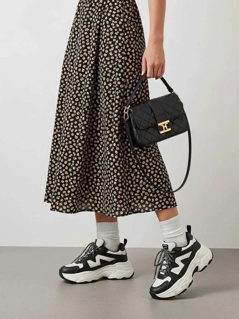 Midi Dress + Chunky Sneakers + Ankle Socks