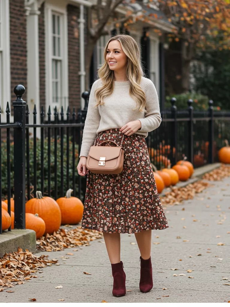 Midi Skirt + Lightweight Knit + Ankle Boots
